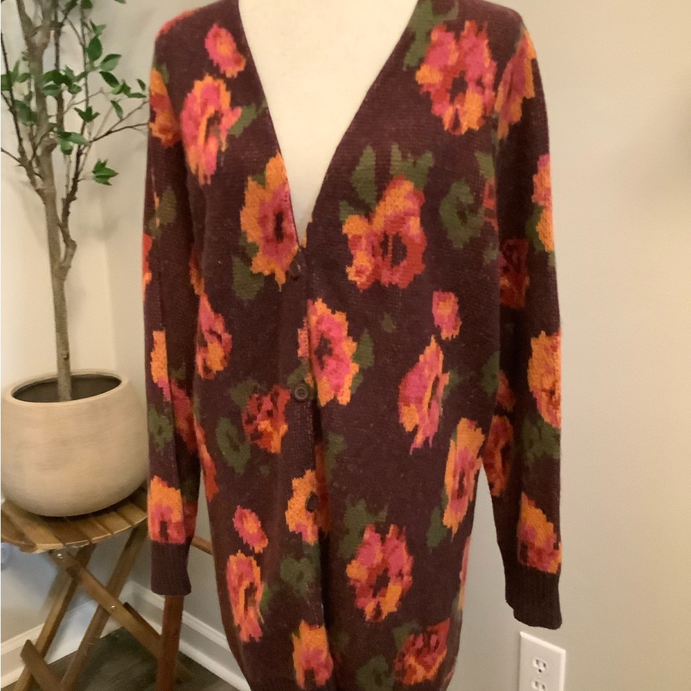 Issac Mizrahi floral button down Cardigan brown sz 1x
